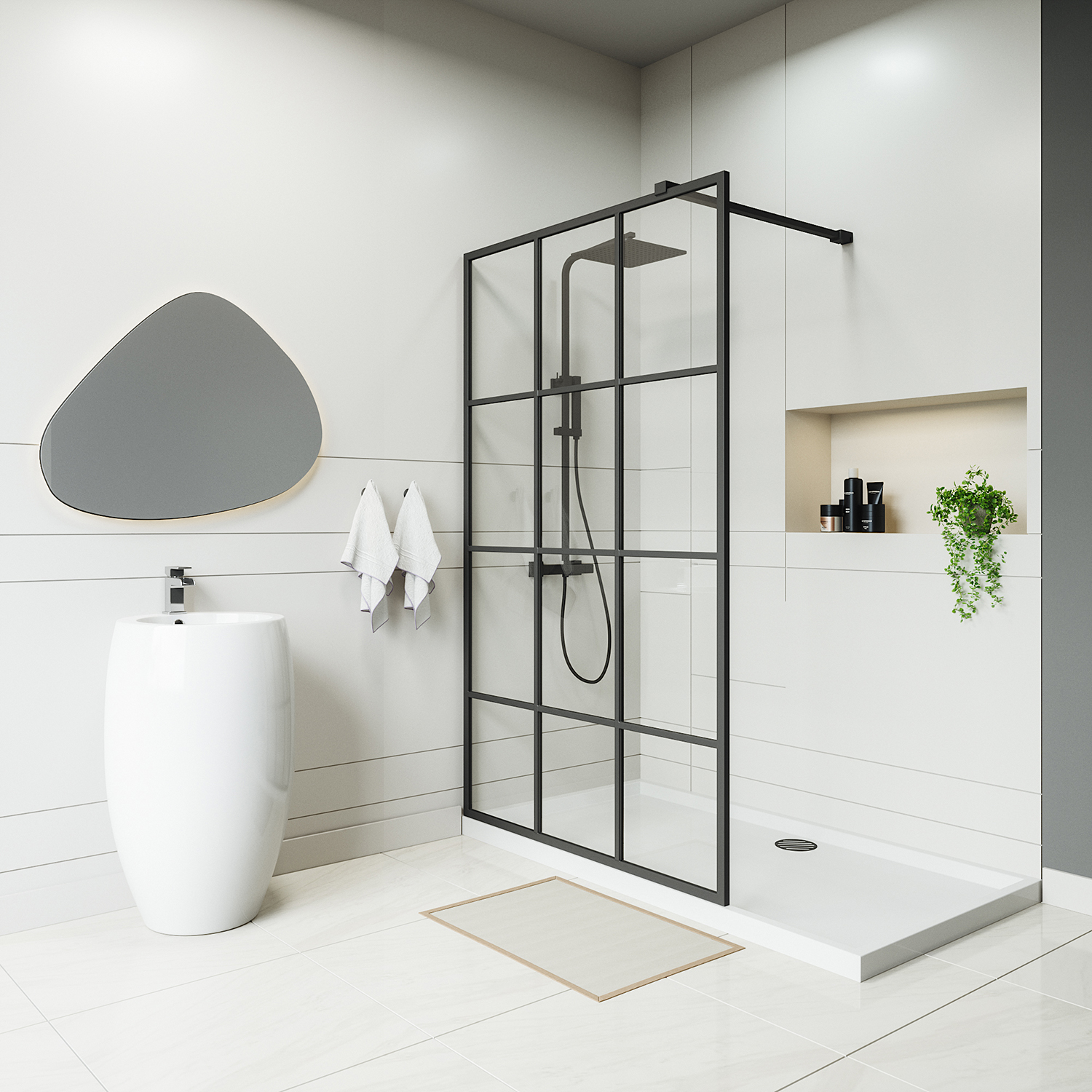 Black Grid Wetroom / Walk-In Shower Screen, 2000 (H) x 1200mm (W)