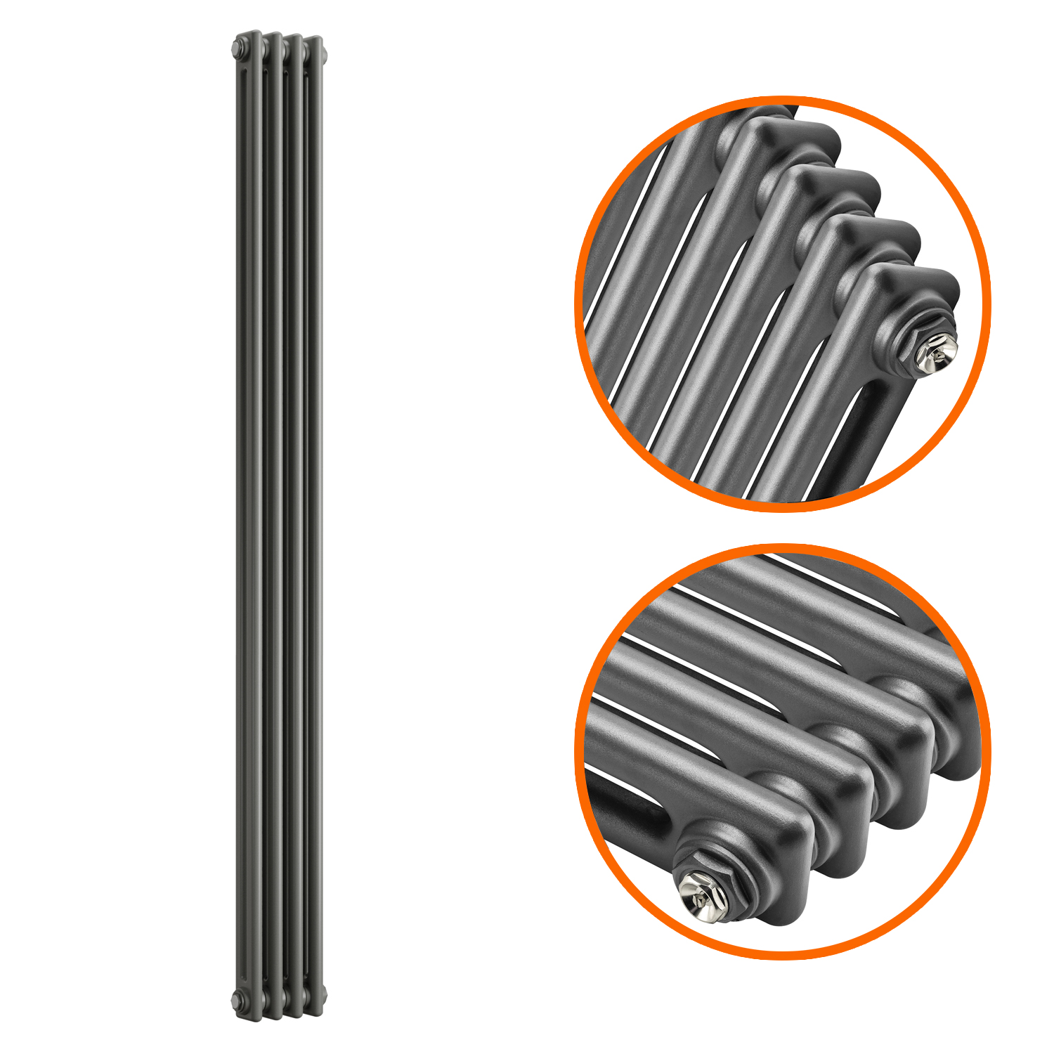 1500 x 203mm Anthracite Vertical Traditional 2 Column Radiator