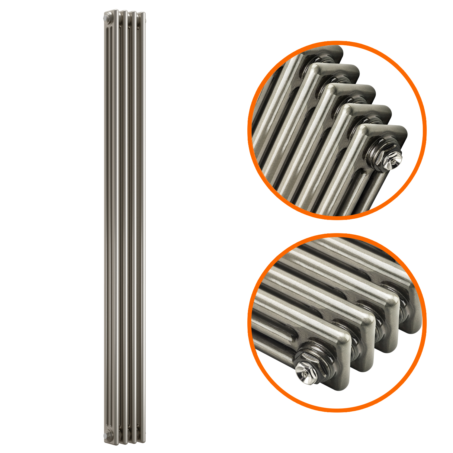 1500 x 203mm Raw Metal Lacquered Vertical Traditional 3 Column Radiator
