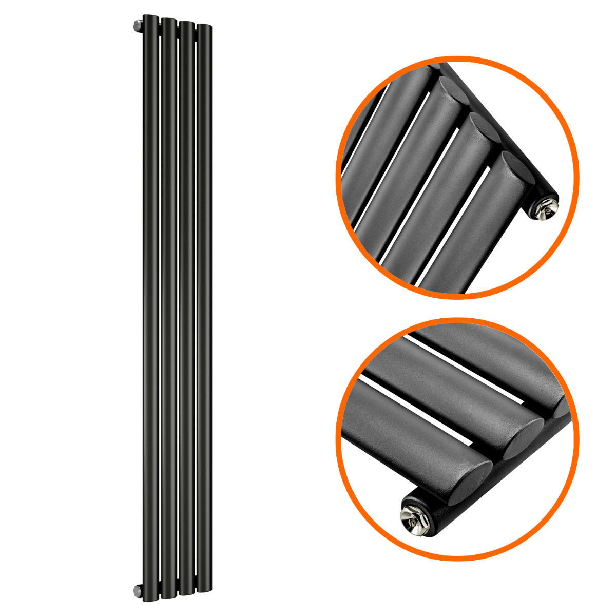 1600 x 236mm Black Single Oval Tube Vertical Radiator 