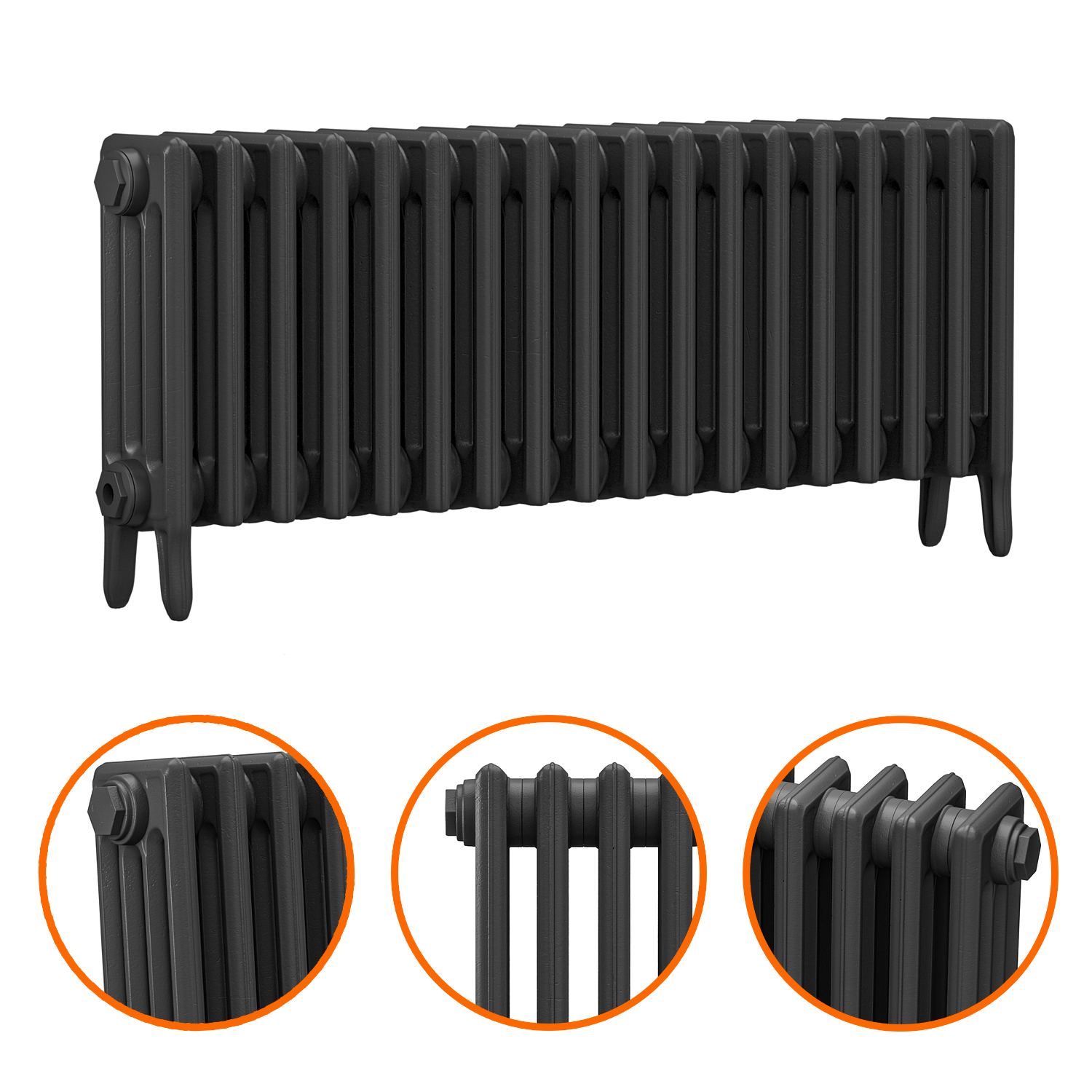 460 x 1130mm Black Traditional 4 Column Cast Iron Radiator