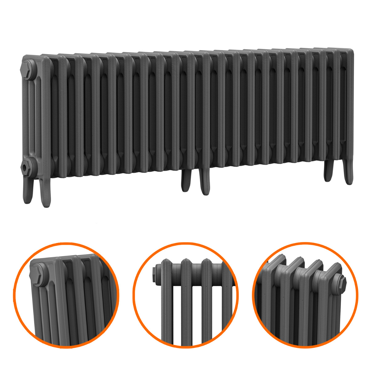460 x 1310mm Grey Traditional 4 Column Cast Iron Radiator