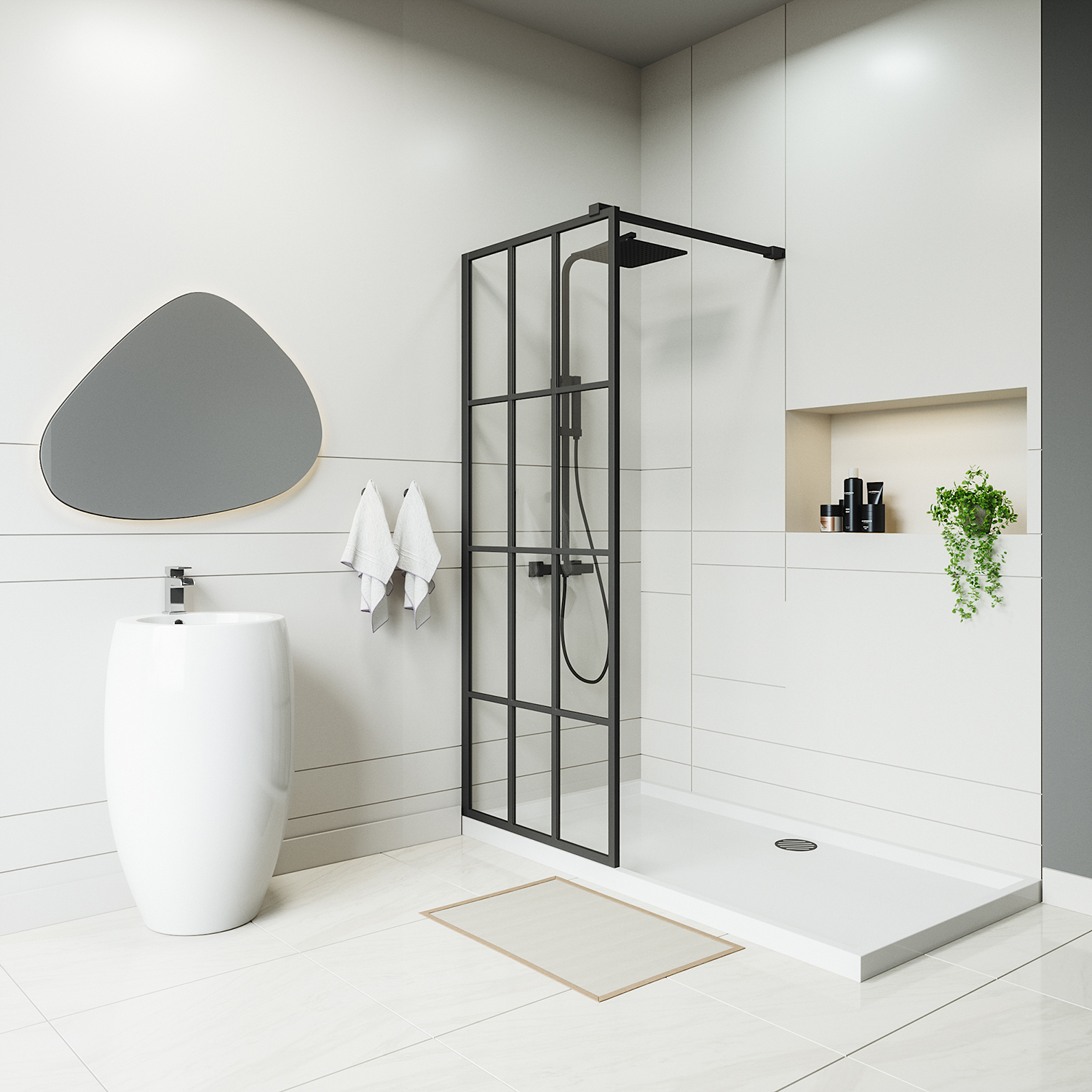 Black Grid Wetroom / Walk-In Shower Screen, 2000 (H) x 800mm (W)