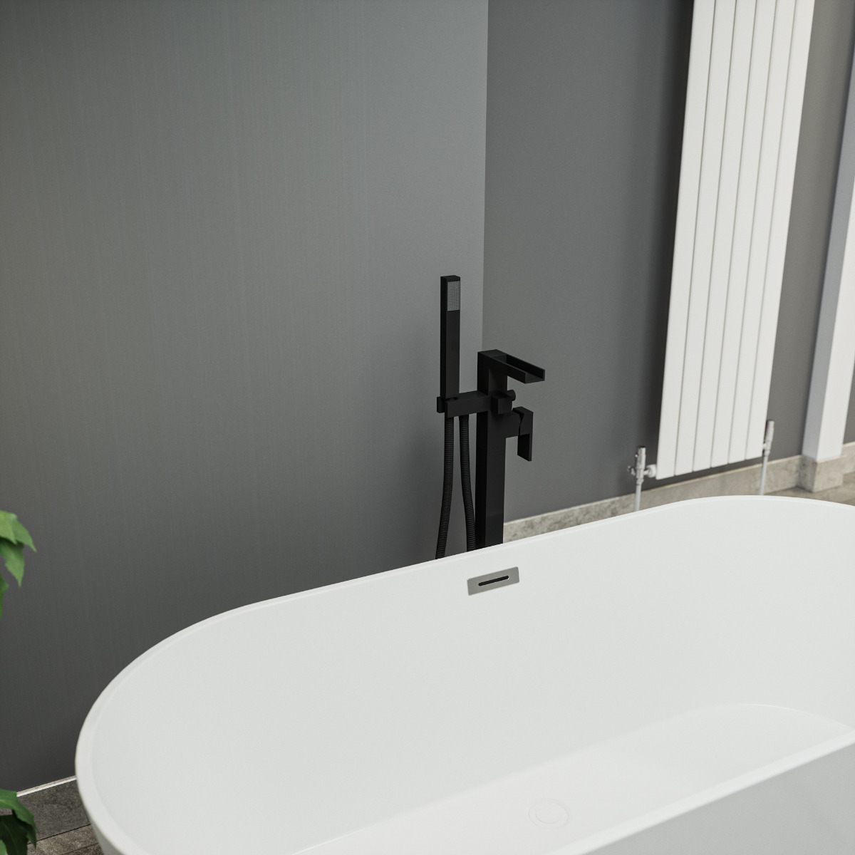 Alamere Black Floor Mounted Freestanding Waterfall Bath Shower Mixer