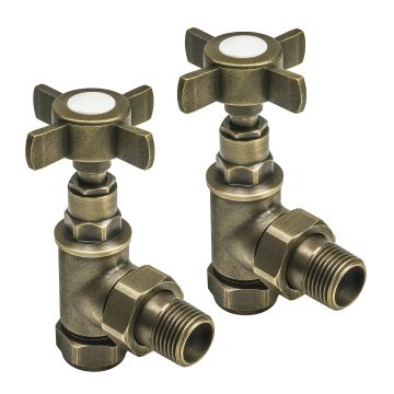 Traditional Antique Brass Radiator Valves, Angled Fitment