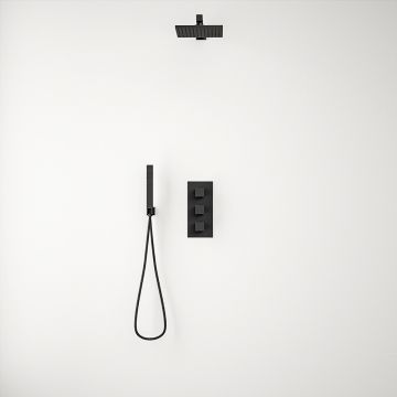 Belluno Black Triple Thermostatic Valve + Square Shower Head + Handset 