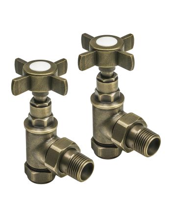Traditional Antique Brass Radiator Valves, Angled Fitment