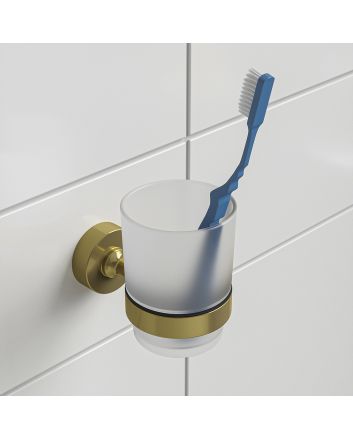 Modern Brushed Brass Glass Tumbler / Toothbrush Holder