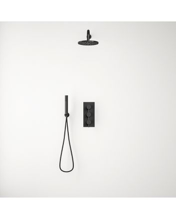Gardena Black Triple Thermostatic Valve + Round Shower Head + Handset 