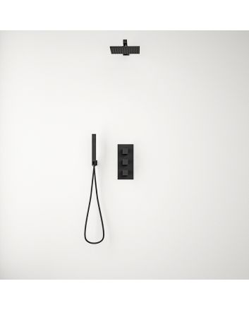Belluno Black Triple Thermostatic Valve + Square Shower Head + Handset 