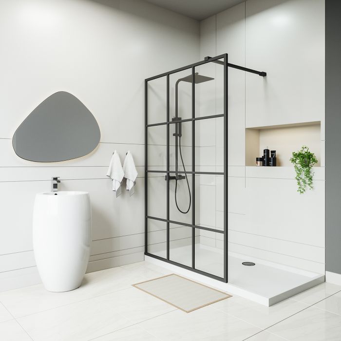 Black Grid Wetroom / Walk-In Shower Screen, 2000 (H) x 1200mm (W)