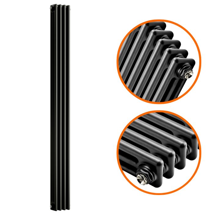 1800 x 203mm Black Vertical Traditional 3 Column Radiator