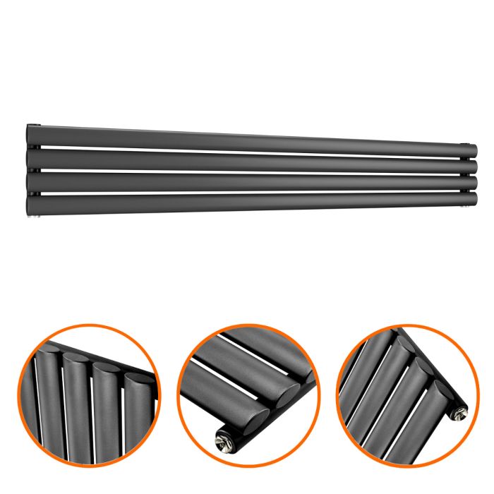 236mm x 1600mm Black Single Oval Tube Horizontal / Landscape Radiator 