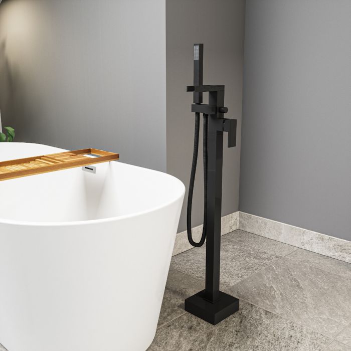 Alamere Black Floor Mounted Freestanding Waterfall Bath Shower Mixer