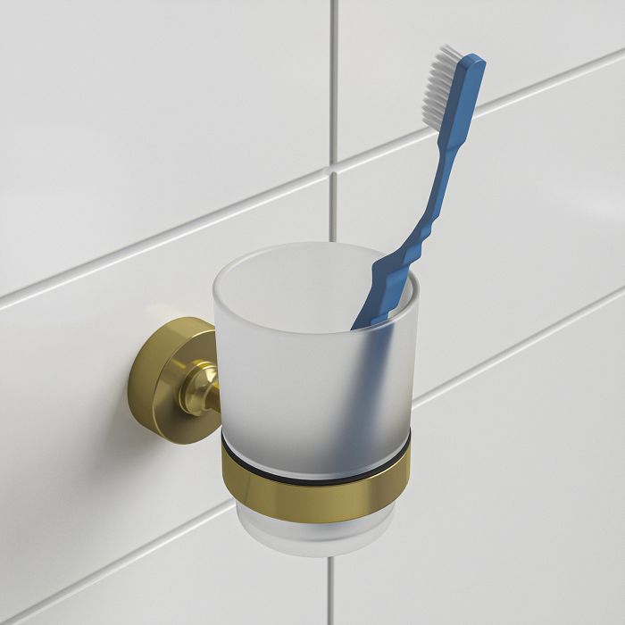 Modern Brushed Brass Glass Tumbler / Toothbrush Holder