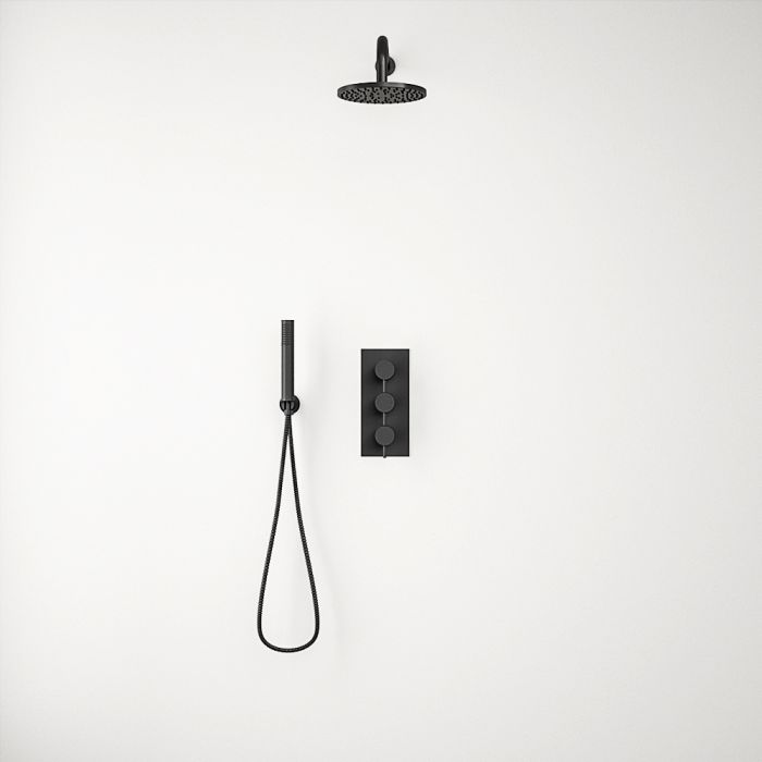 Gardena Black Triple Thermostatic Valve + Round Shower Head + Handset 