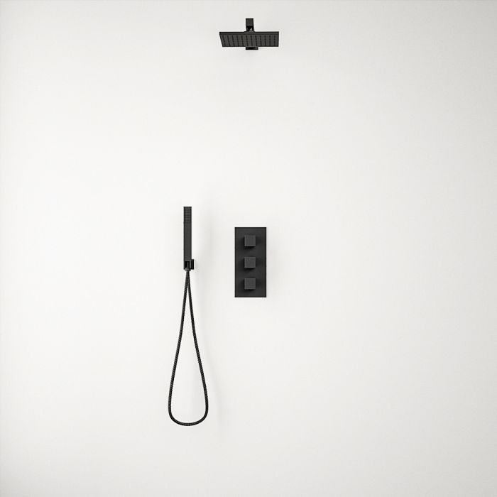 Belluno Black Triple Thermostatic Valve + Square Shower Head + Handset 