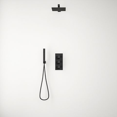 Belluno Black Triple Thermostatic Valve + Square Shower Head + Handset 