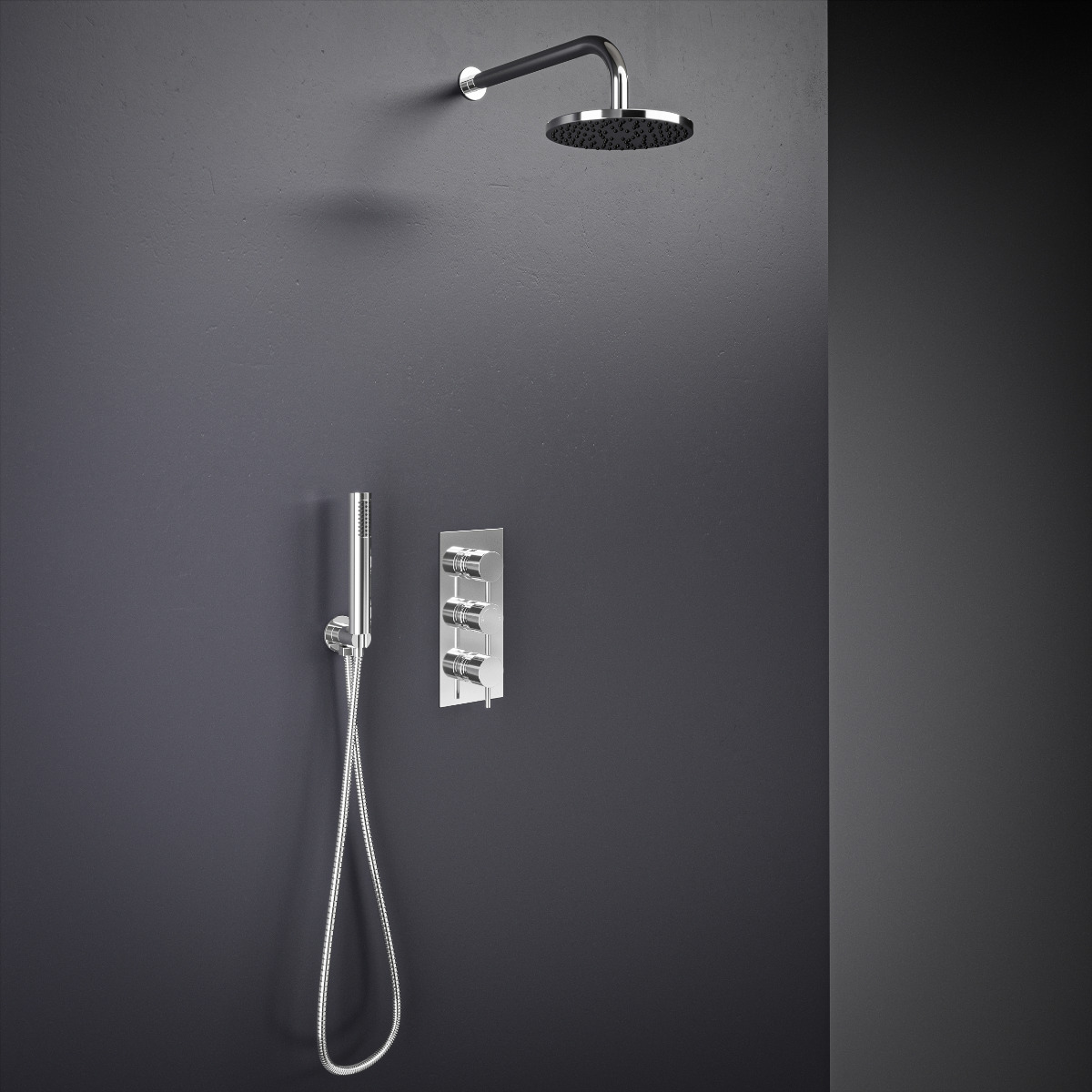 Gardena Chrome Triple Thermostatic Valve + Round Shower Head + Handset 